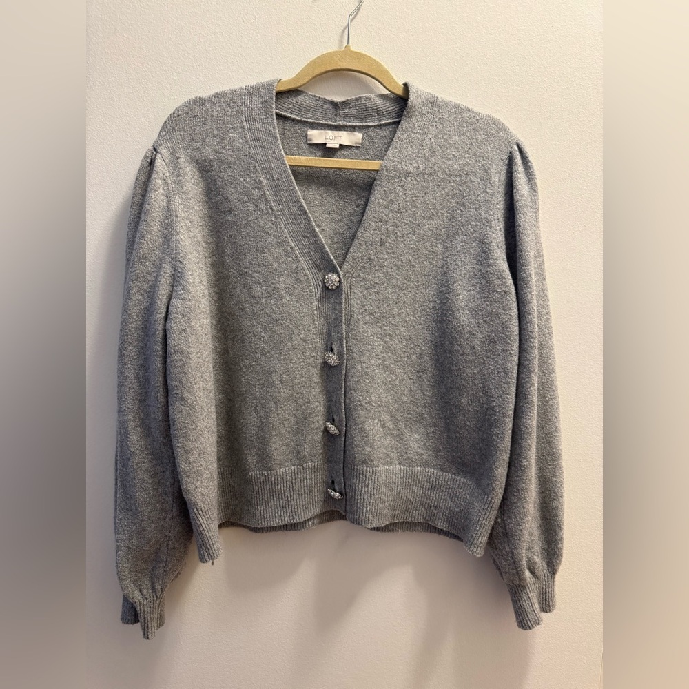 LOFT Heather Gray Cardigan with Jewel Buttons (L)